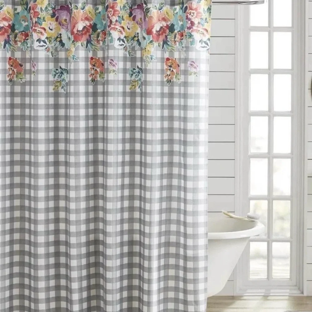 The Pioneer Woman Multicolor Floral and Gray Checkered Shower Curtain